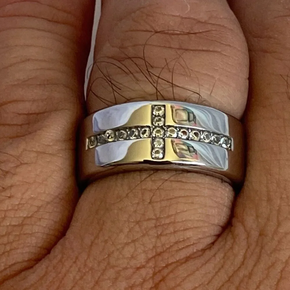 Men’s Stainless Steel Ring Size 10 CZ Cross Design Silver Tone Band